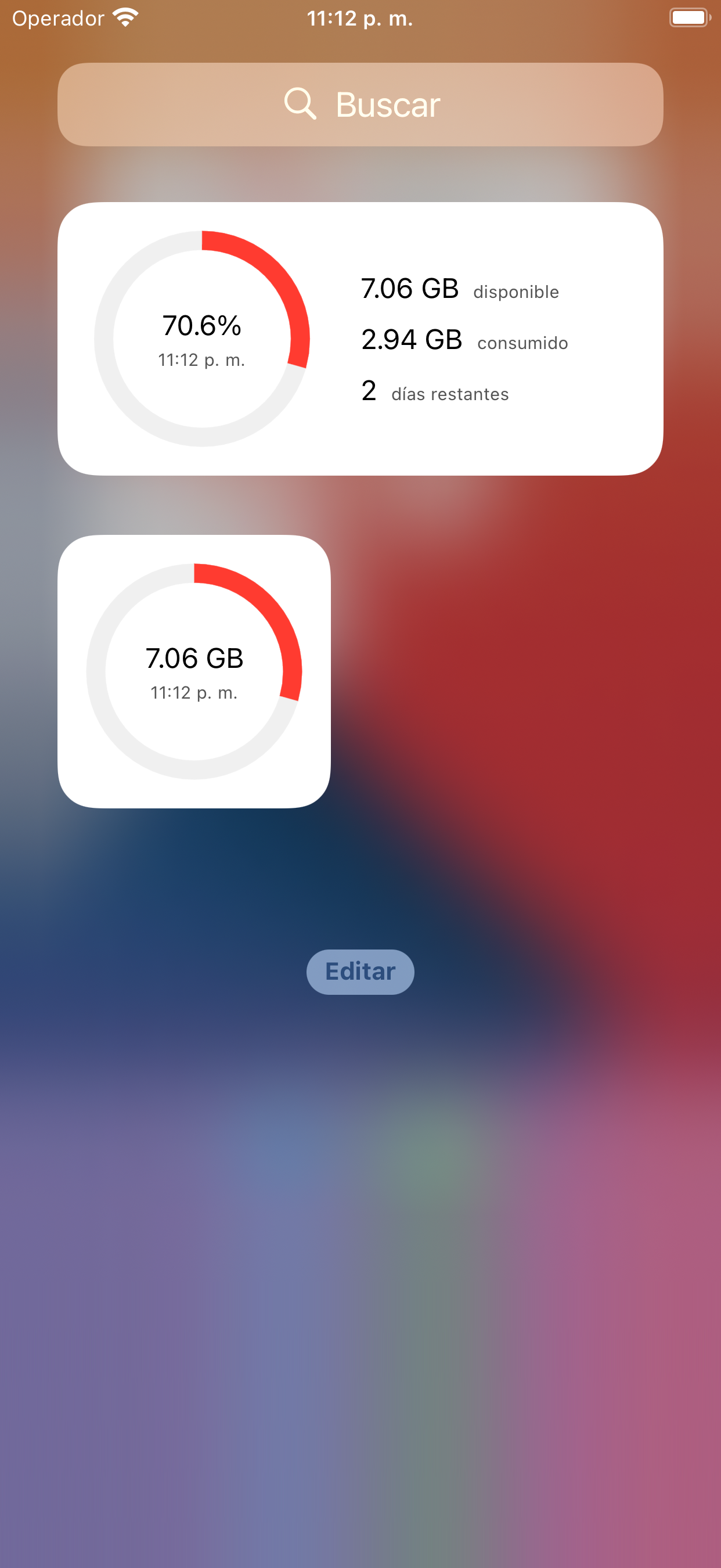 Widgets de Databit en la vista Hoy del iPhone con porcentaje y GB disponibles