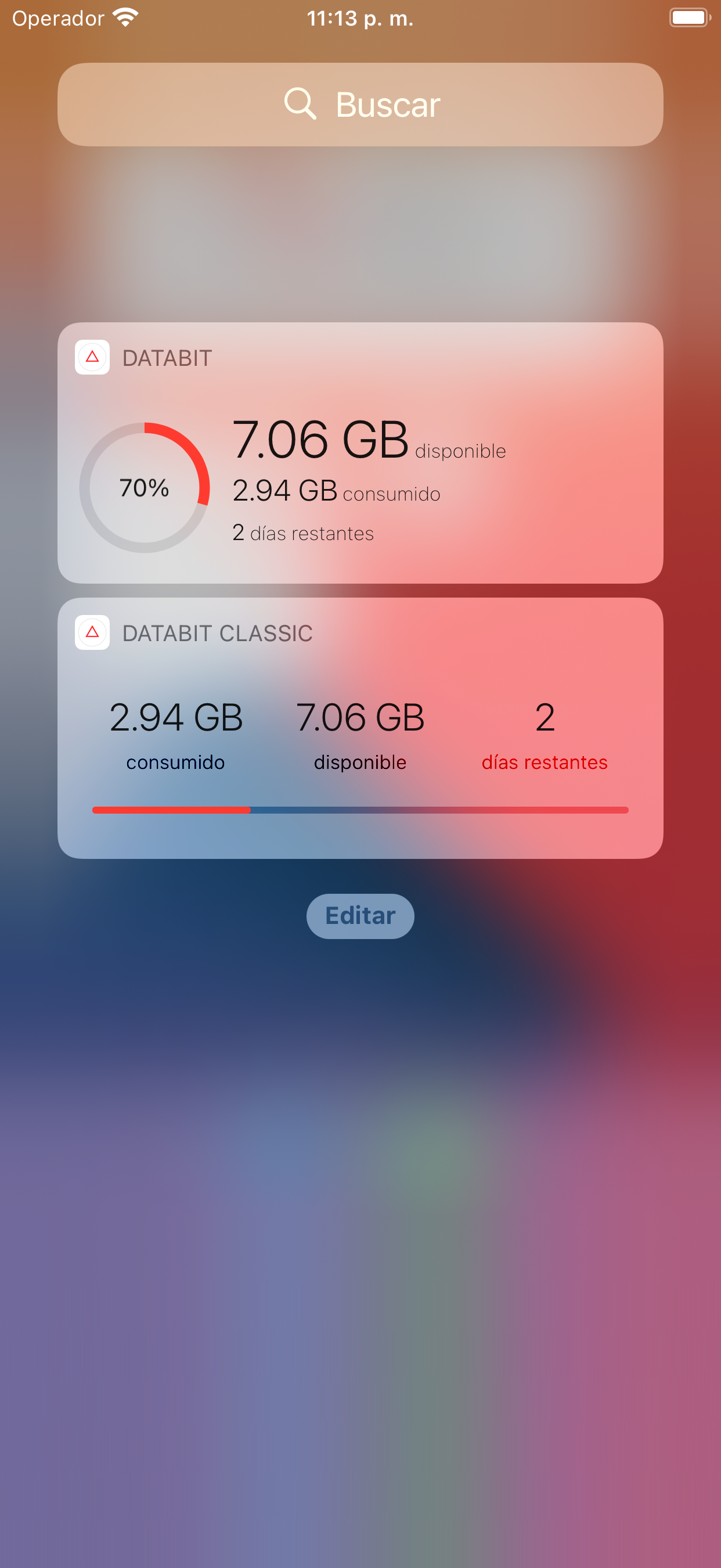 Widgets de Databit en iOS mostrando GB consumidos, GB disponibles y días restantes